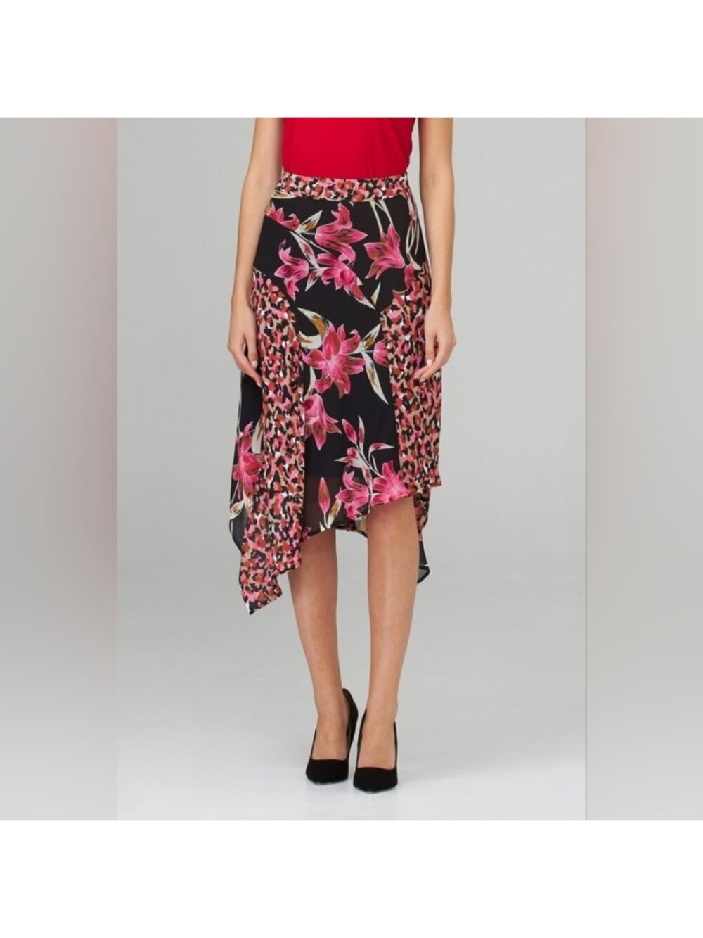 Joseph Ribkoff Skirt Pink Leopard Floral Midi High Rise Flowy Womens Size 8